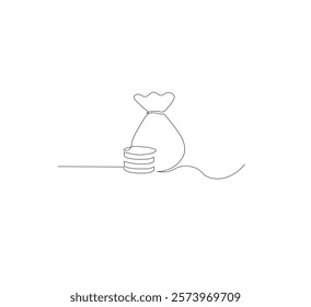 Continuous line drawing of money bag with dollar coins, white background money saving concept, business icon, one line object, single line art, hand drawn vector illustration