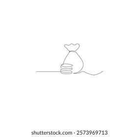 Continuous line drawing of money bag with dollar coins, white background money saving concept, business icon, one line object, single line art, hand drawn vector illustration