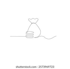 Continuous line drawing of money bag with dollar coins, white background money saving concept, business icon, one line object, single line art, hand drawn vector illustration