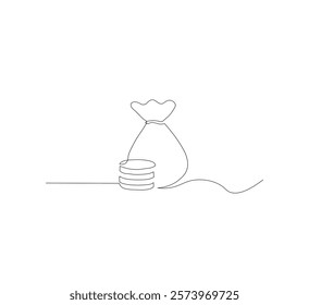 Continuous line drawing of money bag with dollar coins, white background money saving concept, business icon, one line object, single line art, hand drawn vector illustration