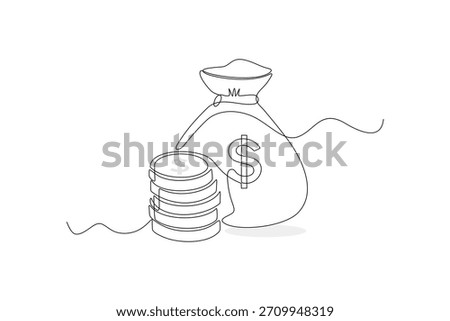 Continuous Line Drawing of Money Bag and Stack of Coins