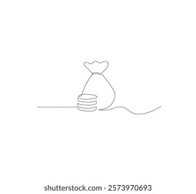 Continuous line drawing of money bag,white background,outline dollar money icon,business growth,one line object,single line art,vector illustration