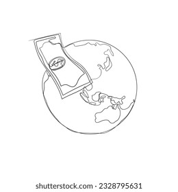continuous line drawing money and globe illustration