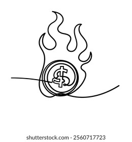 continuous line drawing money on fire sign