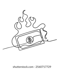 continuous line drawing money on fire sign