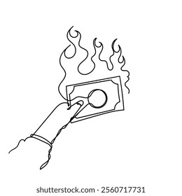 continuous line drawing money on fire sign