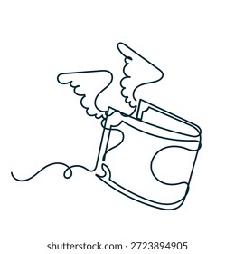 desenho de linha contínua dinheiro com asas voando ilustração doodle