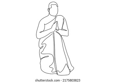 Continuous line drawing of monks, Buddhism, alms, offering alms, making merit, religious, male, vector, illustration.