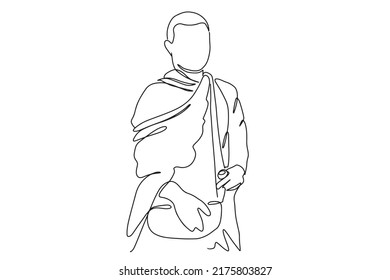 Continuous line drawing of monks, Buddhism, alms, offering alms, making merit, religious, male, vector, illustration.