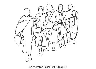 Continuous line drawing of monks, Buddhism, alms, offering alms, making merit, religious, male, vector, illustration.