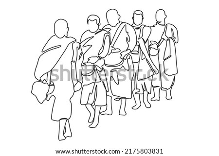 Continuous line drawing of monks, Buddhism, alms, offering alms, making merit, religious, male, vector, illustration.