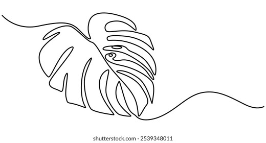 Desenho de linha contínua de um Monstera isolado sobre fundo branco, Folha monstera desenho contínuo de uma linha de arte de esboço de ilustração vetorial, desenho contínuo de uma linha de folha monstera.