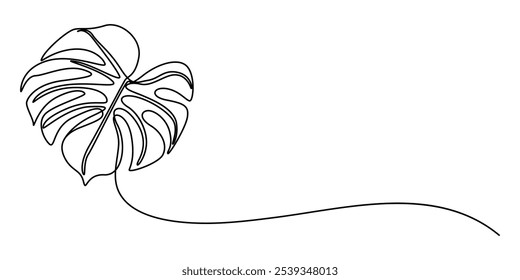 Continuous line drawing  of a Monstera  isolated on white background, Leaf monstera continuous one line art drawing of outline vector illustration, Continuous one line drawing of monstera leaf.
