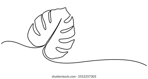 Continuous line drawing of a Monstera isolated on white background, Leaf monstera continuous one line art drawing of outline vector illustration, Monstera or Swiss Cheese Plant Leaf Continuous Line.