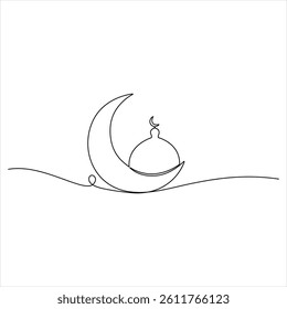 Continuous line drawing of moon and mosque Islamic new year concept