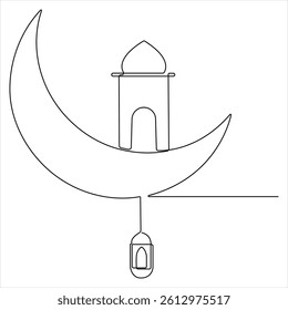 Continuous line drawing of moon and mosque Islamic new year concept