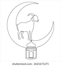 Continuous line drawing of Moon with Mosque and Lantern  Islamic new year concept