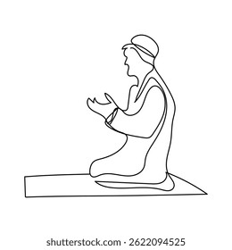 Continuous line drawing of Moon with muslim prayer  and Lantern Islamic new year concept.