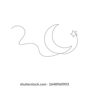 Kontinuierliche Linienzeichnung des Mondes mit Sternen. Ramadan Kareem Banner im einfachen linearen Stil. Vektorgrafik mit bearbeiteter Kontur