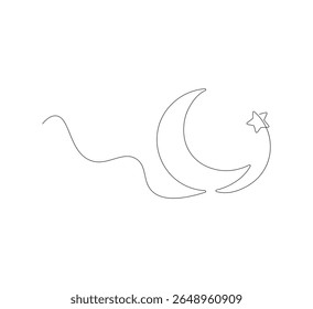 Desenho de linha contínua da Lua com estrelas. Banner Ramadan Kareem em estilo linear simples. Ilustração editável do vetor de contorno de traçado
