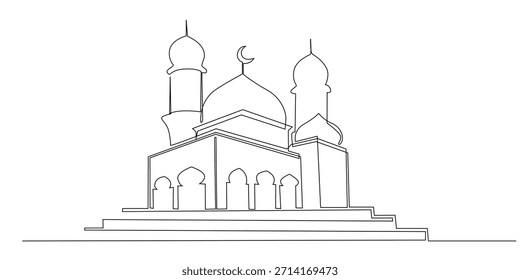 Continuous line drawing mosque with dome. One line drawing of a minimalist mosque with minaret symbolizing faith, worship, spirituality, and Islamic culture.