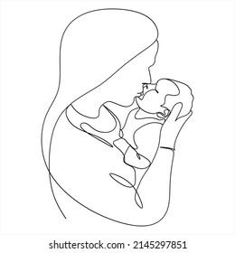 Continuous line drawing of mother and baby cute family concept card mother day vector illustration