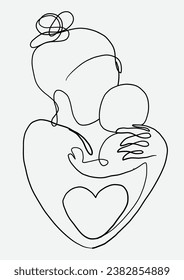 Continuous line drawing of mother with a baby with heart shape symbol.Hand drawn illustration for Happy International Mother's Day card.Vector mother's day concep and minimalism style concept.