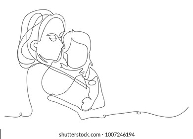 Continuous line drawing of mother carrying baby