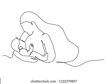 Continuous line drawing of mother carrying baby