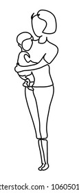 Continuous line drawing of mother and child. Vector monochrome, drawing by lines. Family concept. People in the Park. sketch