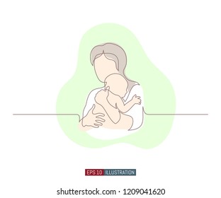 Continuous line drawing of mother and child. Abstract mom and baby silhouette. Template for your design. Vector illustration.