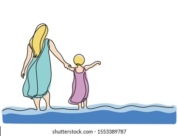 continuous line drawing of mother and child in the sea