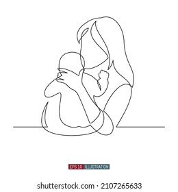 Continuous line drawing of mother and child. Abstract mom and baby silhouette. Template for your design. Vector illustration.