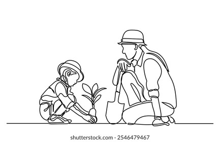 Continuous line drawing of mother and child planting plants. Volunteers and Eco-friendly lifestyle concept illustrations. Take care of the environment Line art vector isolated on a white background.