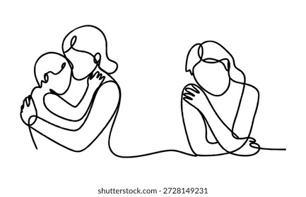 Desenho de linha contínua da mãe e da criança abraçando e sentando sozinhas