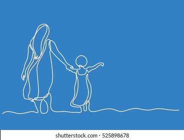 continuous line drawing of mother and child in the sea