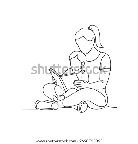 continuous line drawing of mother and child reading book