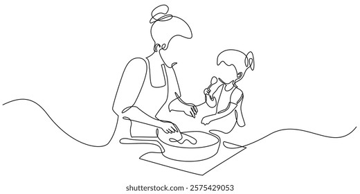 continuous line drawing of mother cooking with daughter in the kitchen.one line drawing of mother and daughter preparing food in the kitchen.single line vector illustration