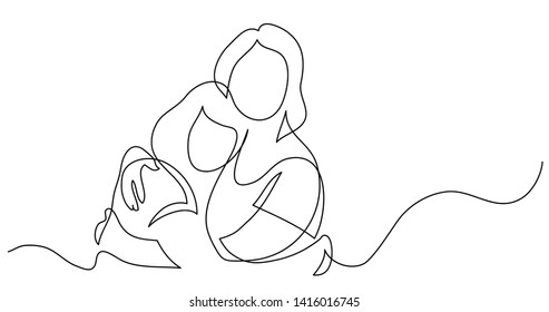 continuous line drawing mother   daughter hugging each other