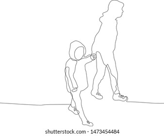 Continuous line drawing of mother and daughter holding hands while walking her daughter wear a hood.