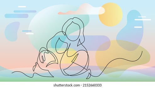 continuous line drawing of mother and daughter hugging each other