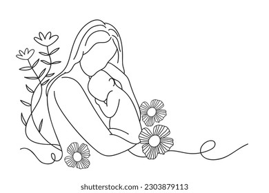 Continuous line drawing of mother embrace her baby. Motherhood concept
Mothers and baby line art style of vector illustration, Mother's Day Celebration.