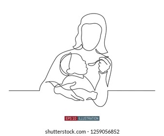 Continuous line drawing of mother feeds the child. Template for your design works. Vector illustration.