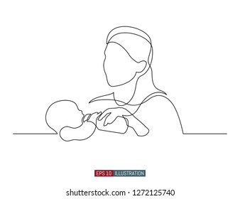 Continuous line drawing of mother feeds the child. Template for your design works. Vector illustration.