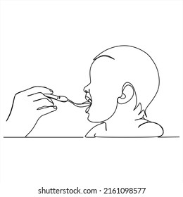 Continuous line drawing of mother feeds the child. Template for your design works. Vector illustration.