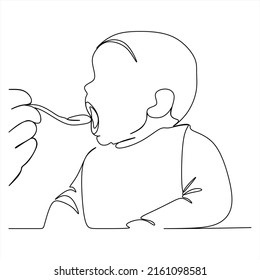 Continuous line drawing of mother feeds the child. Template for your design works. Vector illustration.