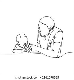 Continuous line drawing of mother feeds the child. Template for your design works. Vector illustration.