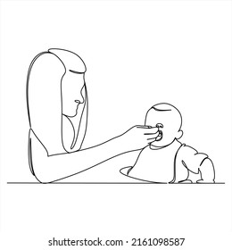 Continuous line drawing of mother feeds the child. Template for your design works. Vector illustration.
