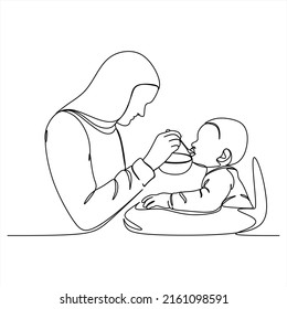 Continuous line drawing of mother feeds the child. Template for your design works. Vector illustration.
