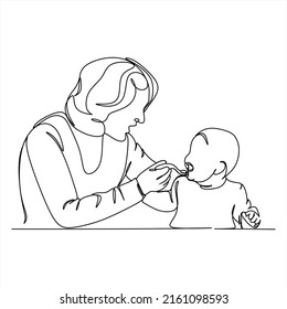 Continuous line drawing of mother feeds the child. Template for your design works. Vector illustration.